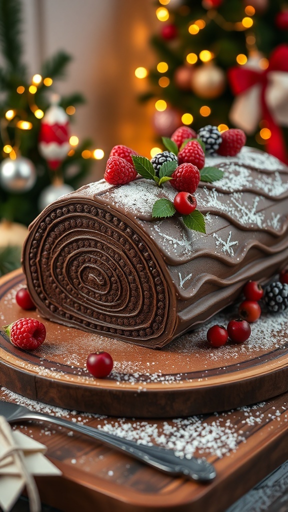 A festive chocolate yule log cake decorated with powdered sugar and berries on a wooden table.